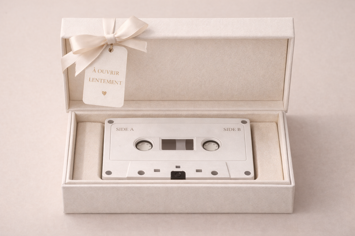 Cassette audio blanche personnalisable dans un coffret ivoire ouvert, avec ruban et étiquette cadeau