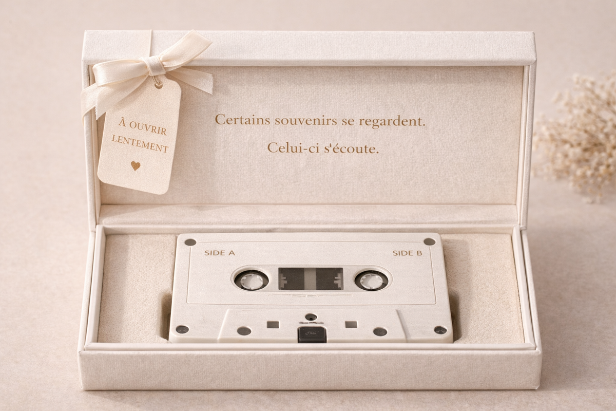Cassette audio personnalisée dans son coffret cadeau beige avec inscription sur le couvercle